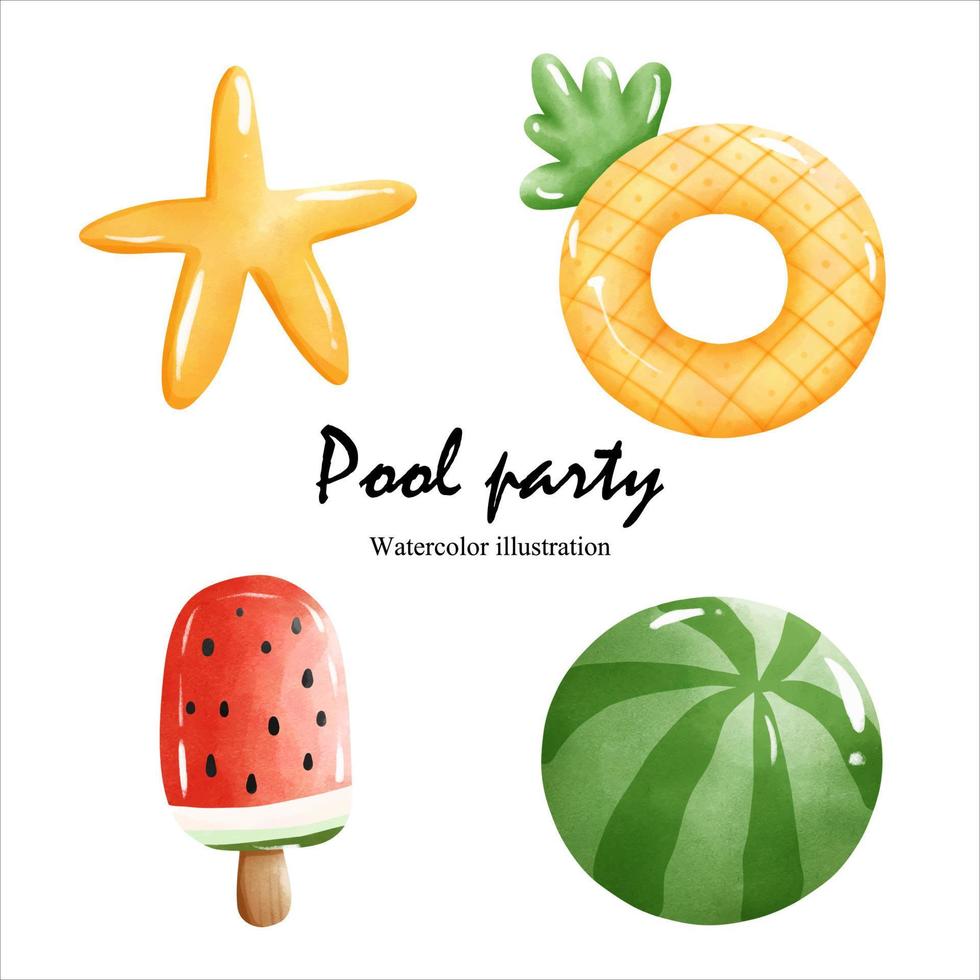 fiesta en la piscina de acuarela con inflable. ilustración vectorial vector