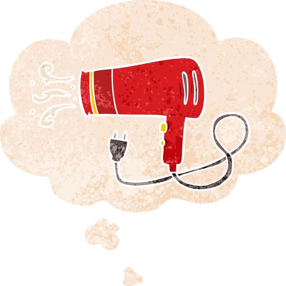 cartoon electric hairdryer and thought bubble in retro textured style vector