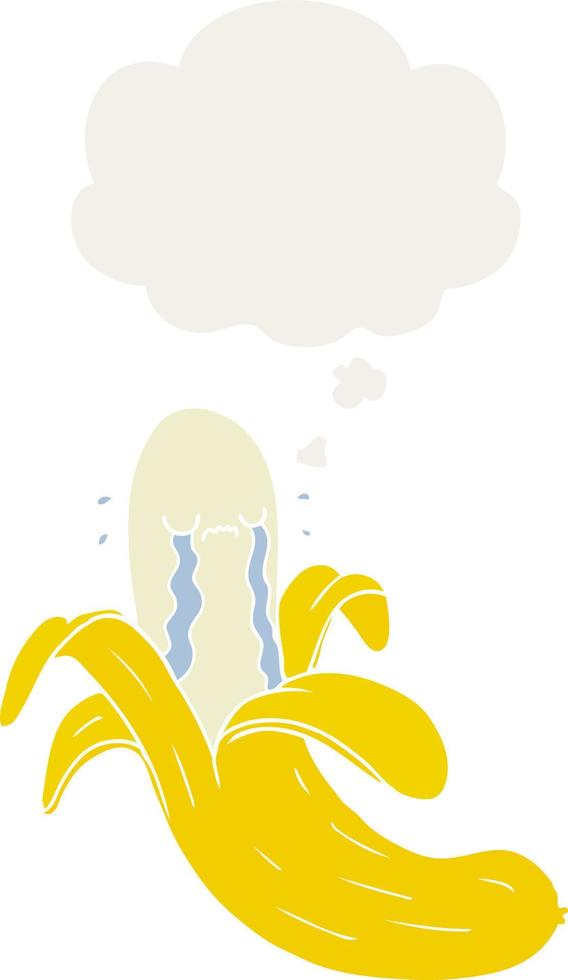 cartoon crying banana and thought bubble in retro style vector