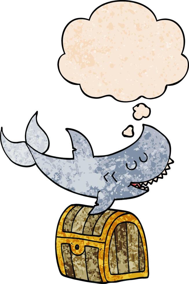 cartoon shark swimming over treasure chest and thought bubble in grunge texture pattern style vector