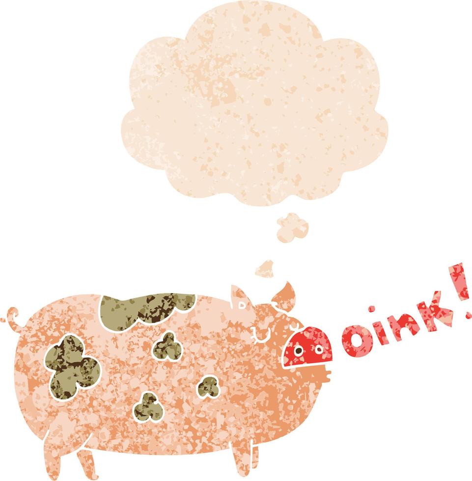 dibujos animados de cerdo oinking y burbuja de pensamiento en estilo retro texturizado vector