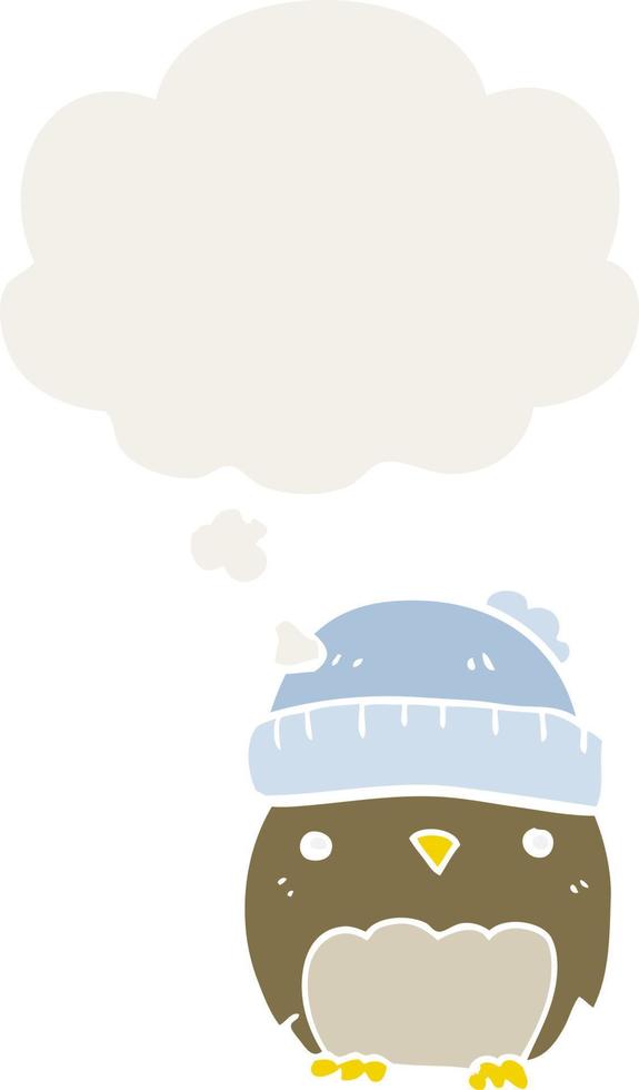 cute cartoon owl in hat and thought bubble in retro style vector