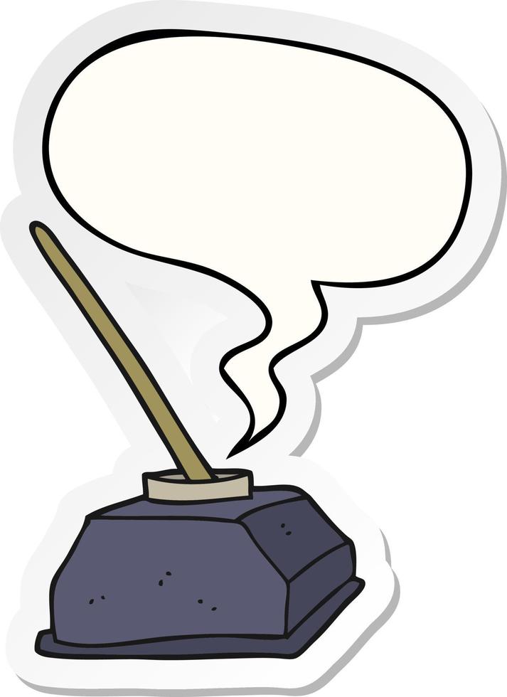 cartoon old ink pot and pen and speech bubble sticker vector