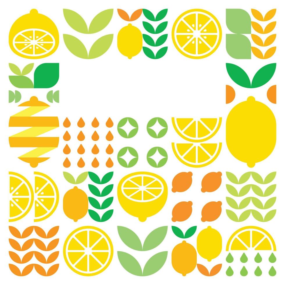 Minimalist flat vector frame, lemon fruit icon symbol. Simple geometric illustration of citrus, oranges, lemonade and leaves. Abstract design on black background. For copy space, social media posts.