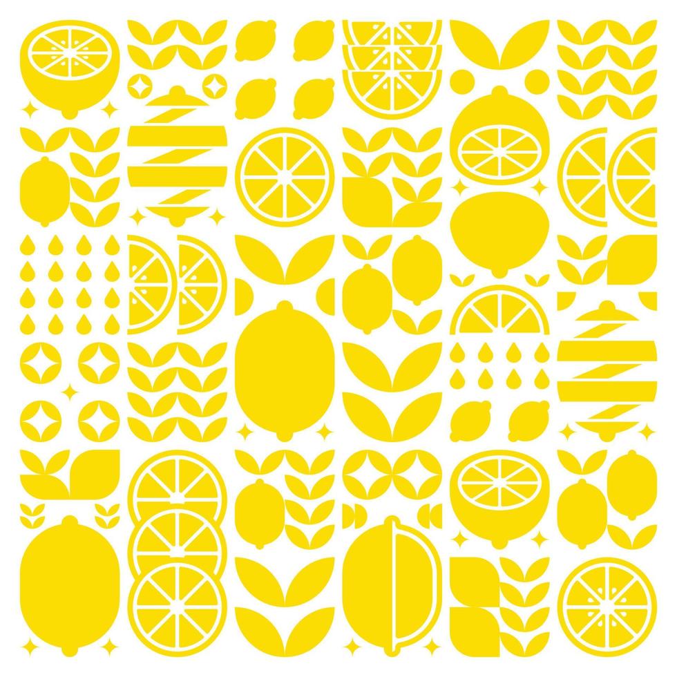 Abstract artwork of lemon fruit pattern icons. Simple vector art, geometric illustration of citrus, orange, lime, lemonade and leaves silhouettes. Minimalist flat modern design on white background.
