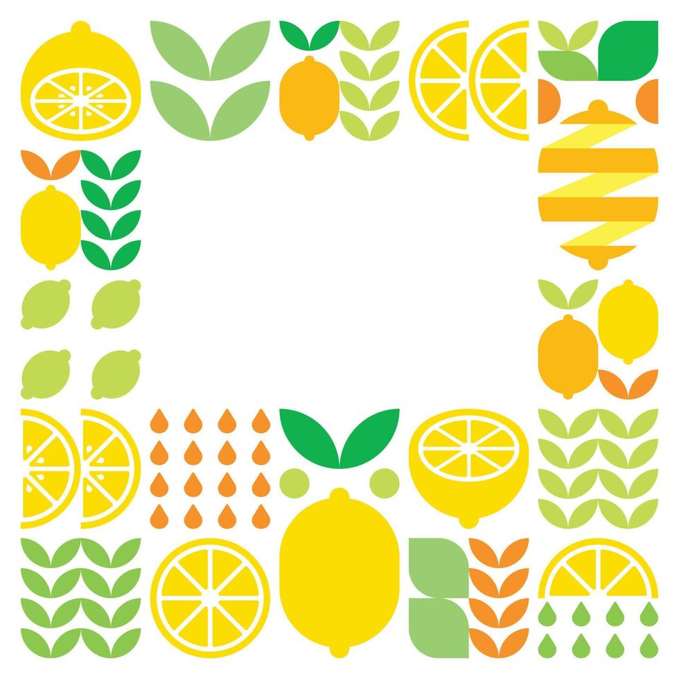 Minimalist flat vector frame, lemon fruit icon symbol. Simple geometric illustration of citrus, oranges, lemonade and leaves. Abstract design on black background. For copy space, social media posts.