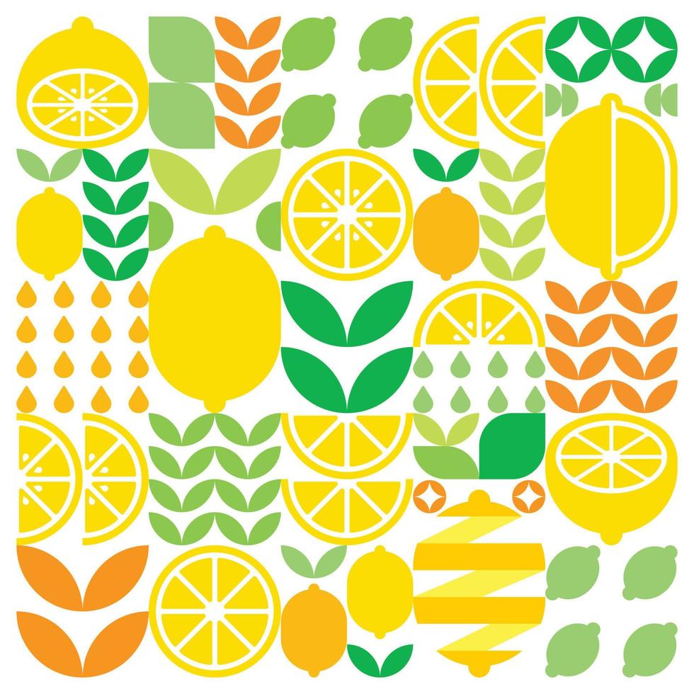 Abstract artwork of lemon fruit symbol icon. Simple vector art, geometric illustration of colorful citruses, oranges, limes, lemonade and leaves. Minimalist flat modern design on white background.