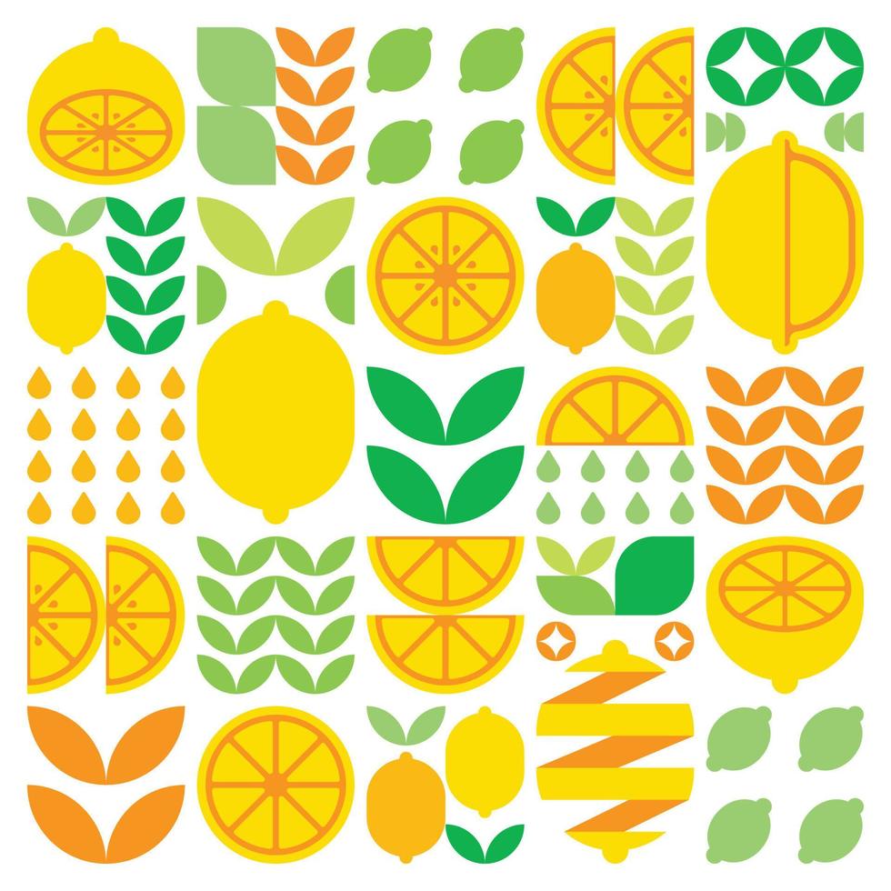 Abstract artwork of lemon fruit symbol icon. Simple vector art, geometric illustration of colorful citruses, oranges, limes, lemonade and leaves. Minimalist flat modern design on white background.