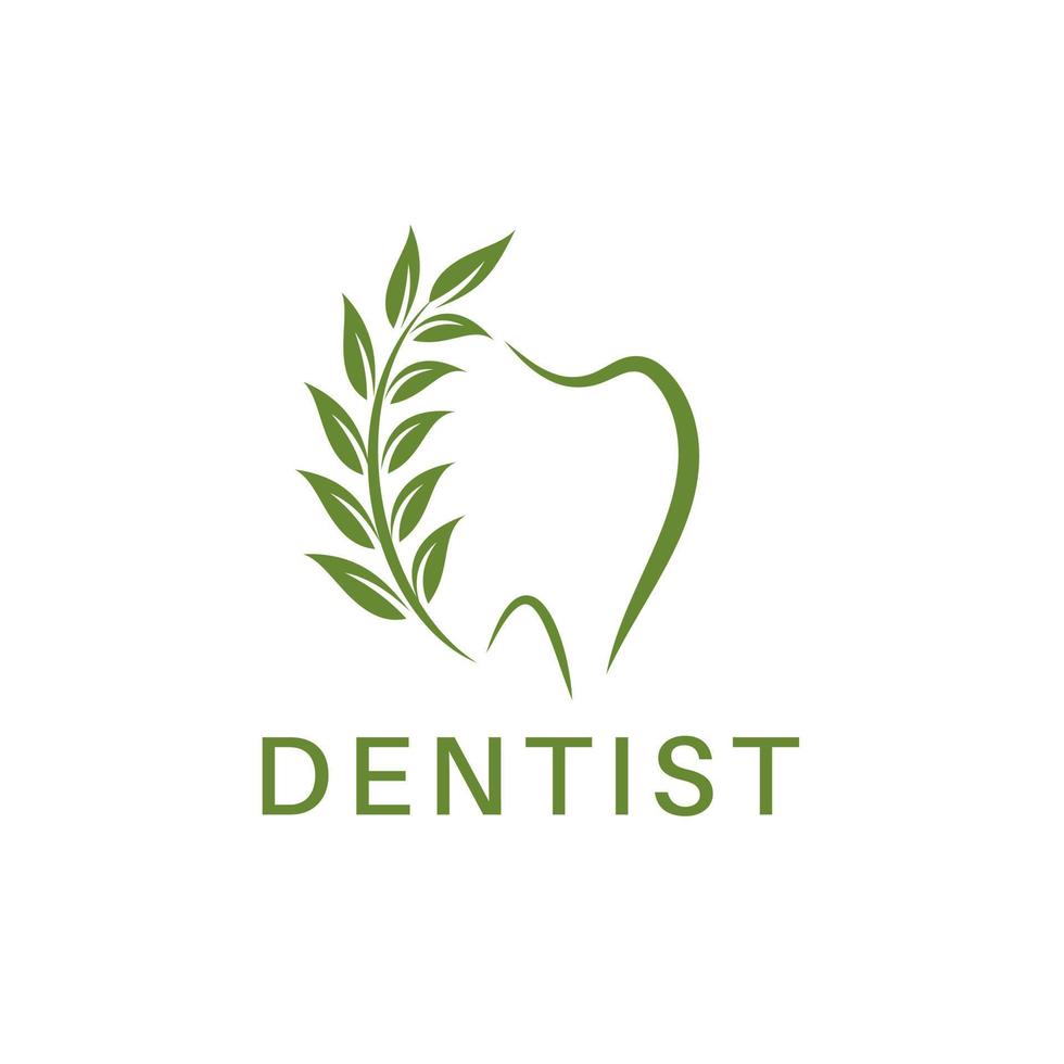 diseño de logotipo dental, naturaleza con símbolo de línea de hoja verde, dentista, plantilla de vector simple