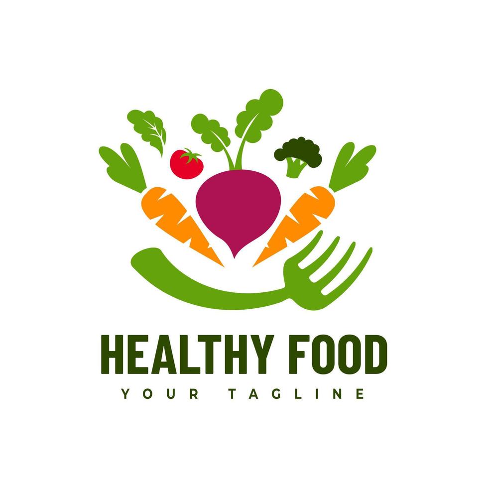 diseño del logo de varias verduras frescas, zanahorias, repollo, tomates con un tenedor, como una sonrisa vector