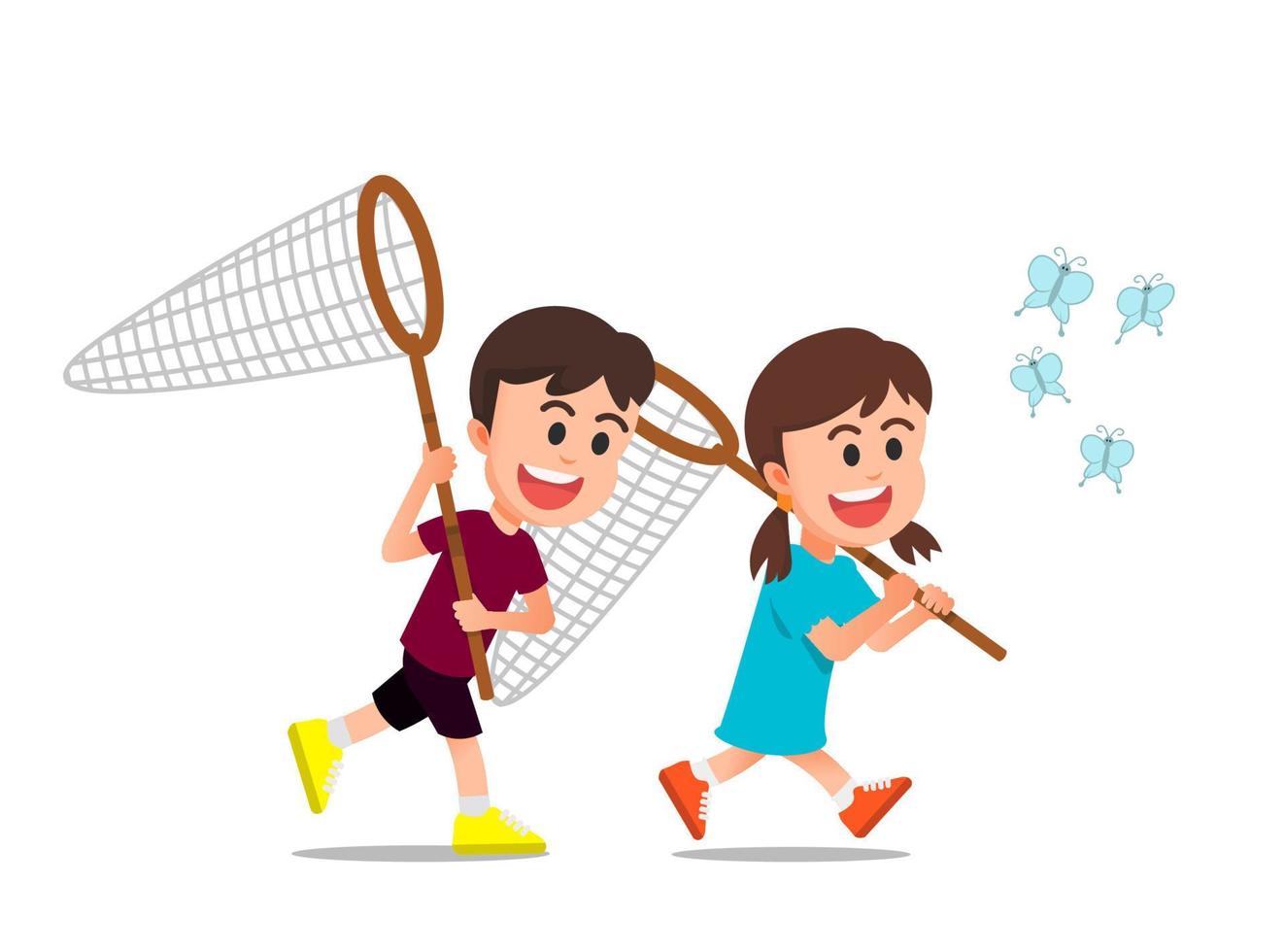 Two children try to catch a butterfly with their own net vector