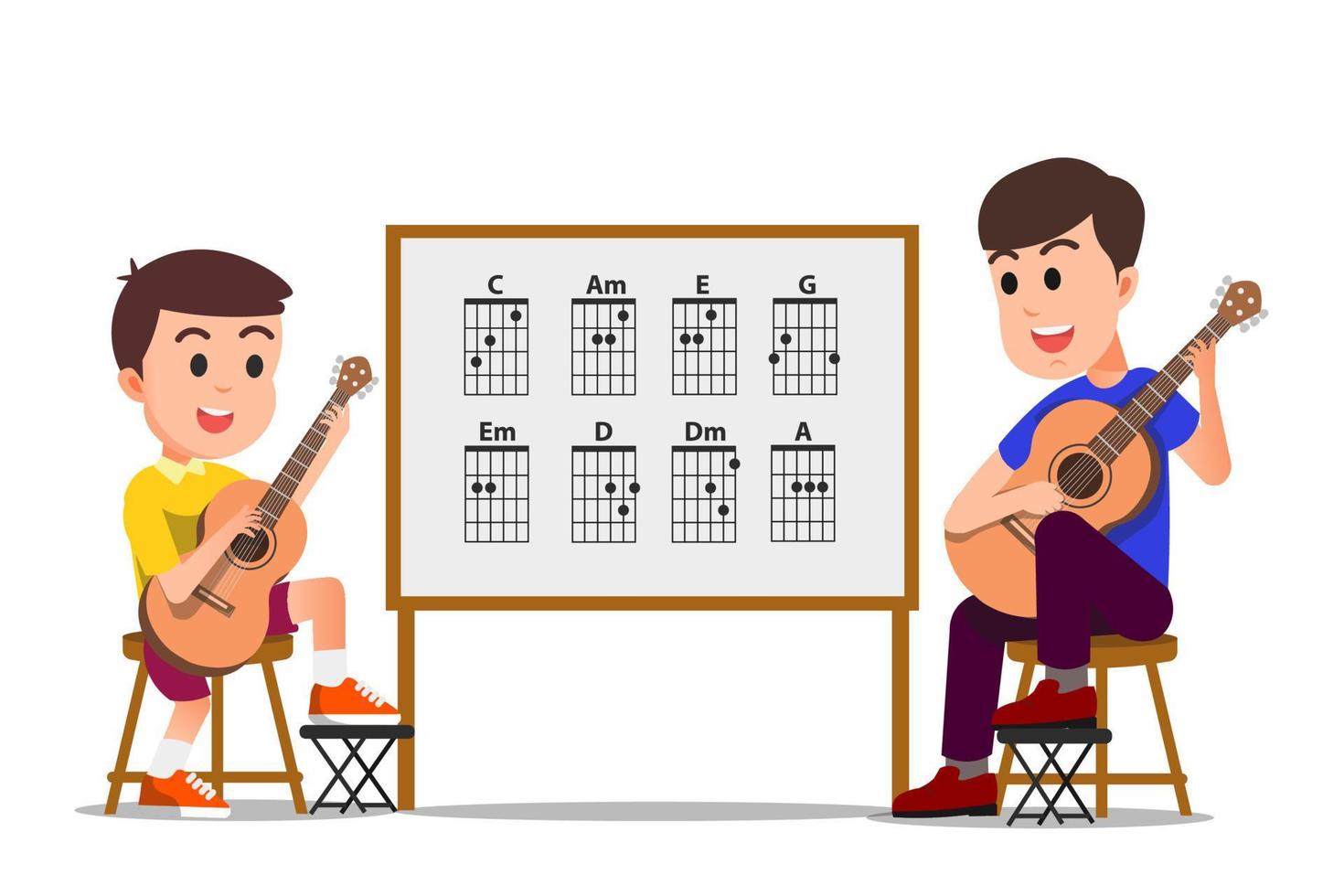 un niño aprendiendo guitarra con su maestro vector