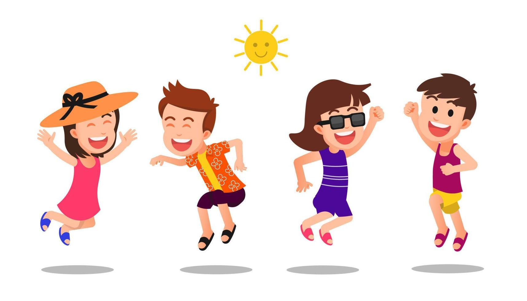 the children are jumping together and wearing summer clothes vector