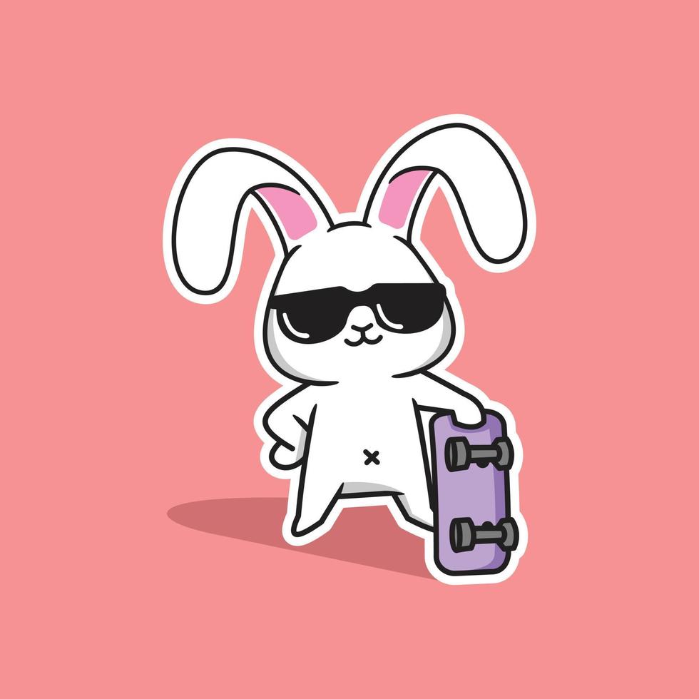 vector illustration of a cute white rabbit carrying a skateboard