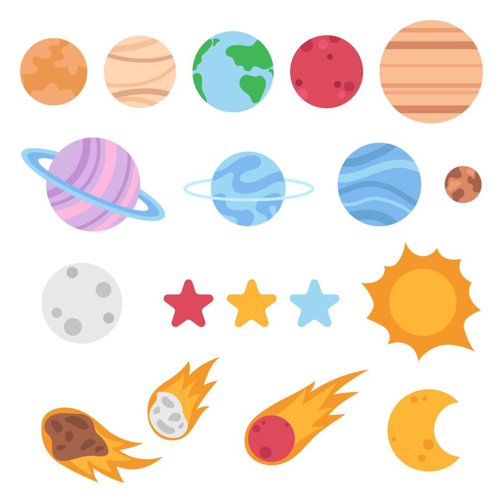 Flat vector solar system objects isolated on a white background. Planets, asteroids, comet, stars, sun and moon.