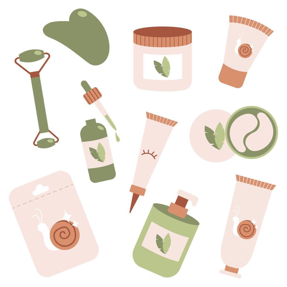 Set of natural organic cosmetics. Beauty skin care routine icons. Flat vector illustration on a white background.