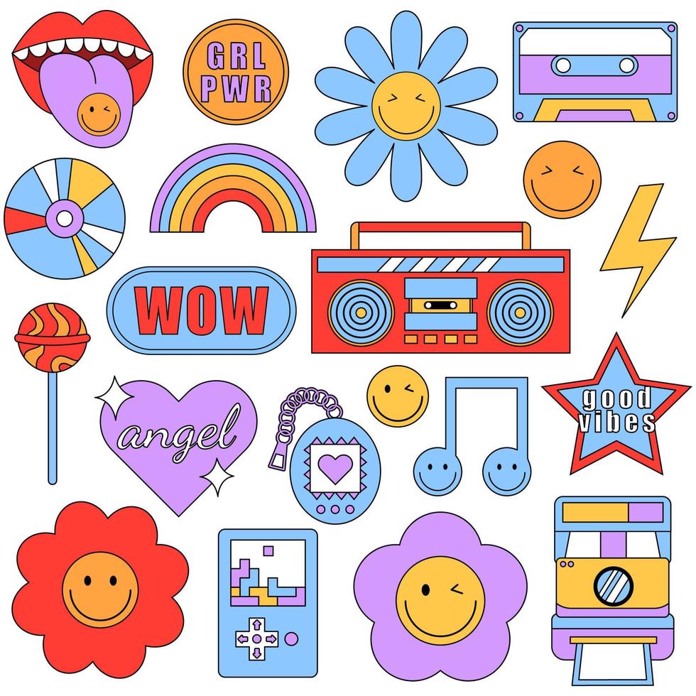 Set of trendy retro stickers with smile faces and 90s elements patches isolated on a white background. Funky, hipster retrowave stickers in geometric shapes. Vector illustration of y2k.