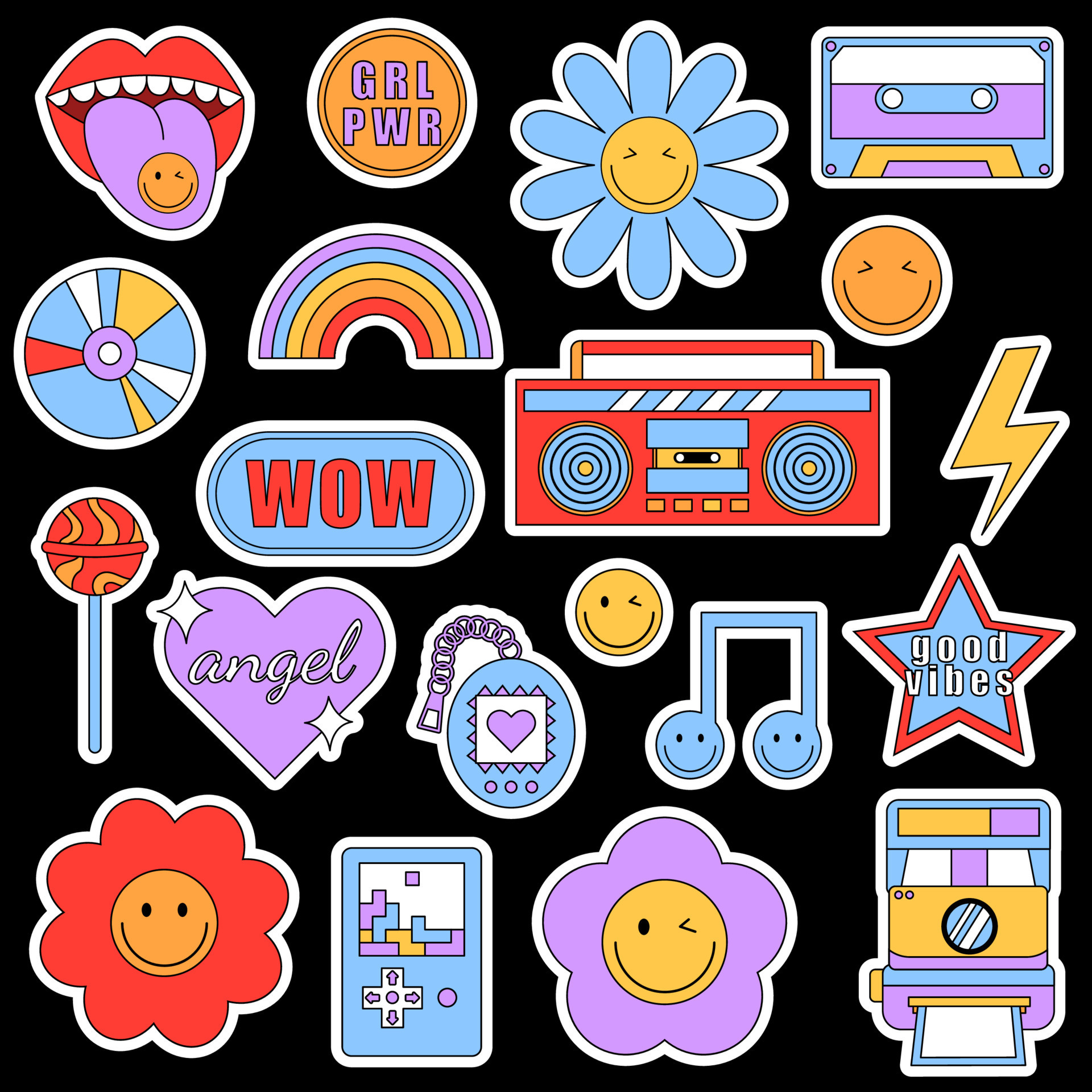 90s Stickers Pack. Set Of Trendy Retro Elements. Bright Vector