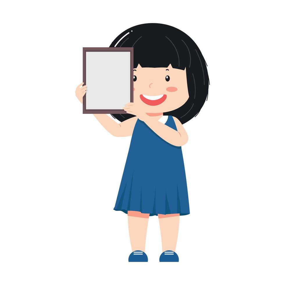 Small kid girl holding a blank  frame vector