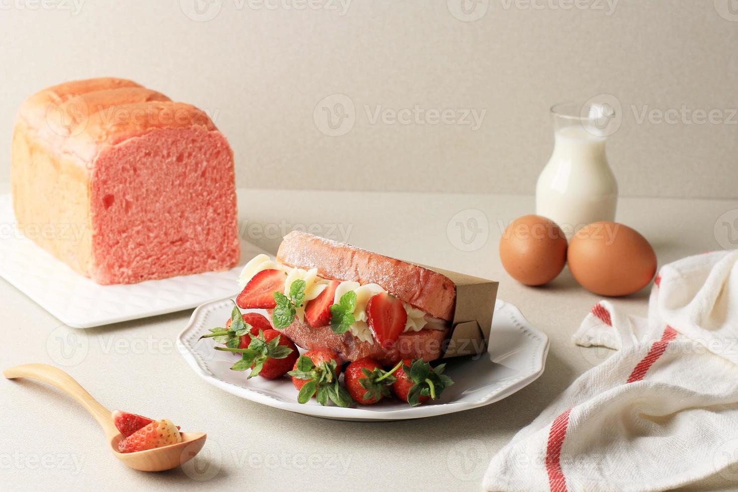 Korean Pink Bread SAndwich  with Cream and Fresh Strawberry photo