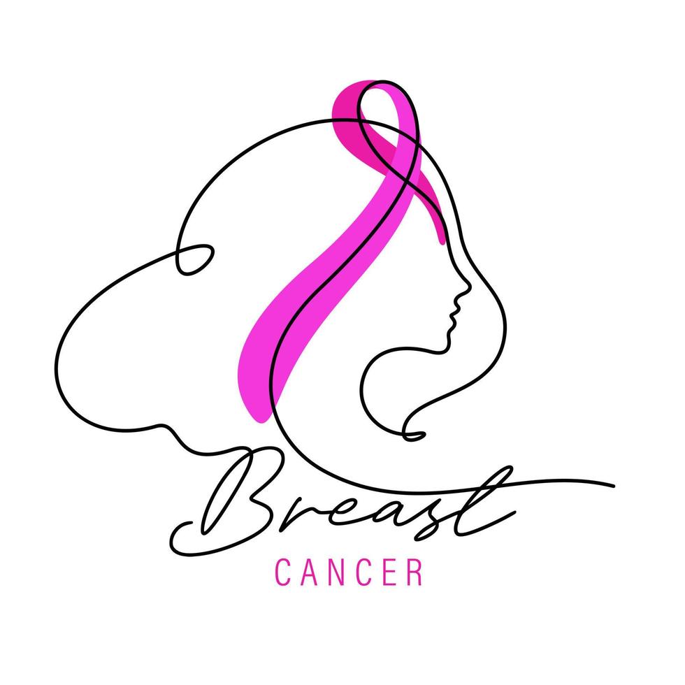 banner de cáncer de mama con cara de mujer cinta de conciencia rosa dibujo de línea continua vector