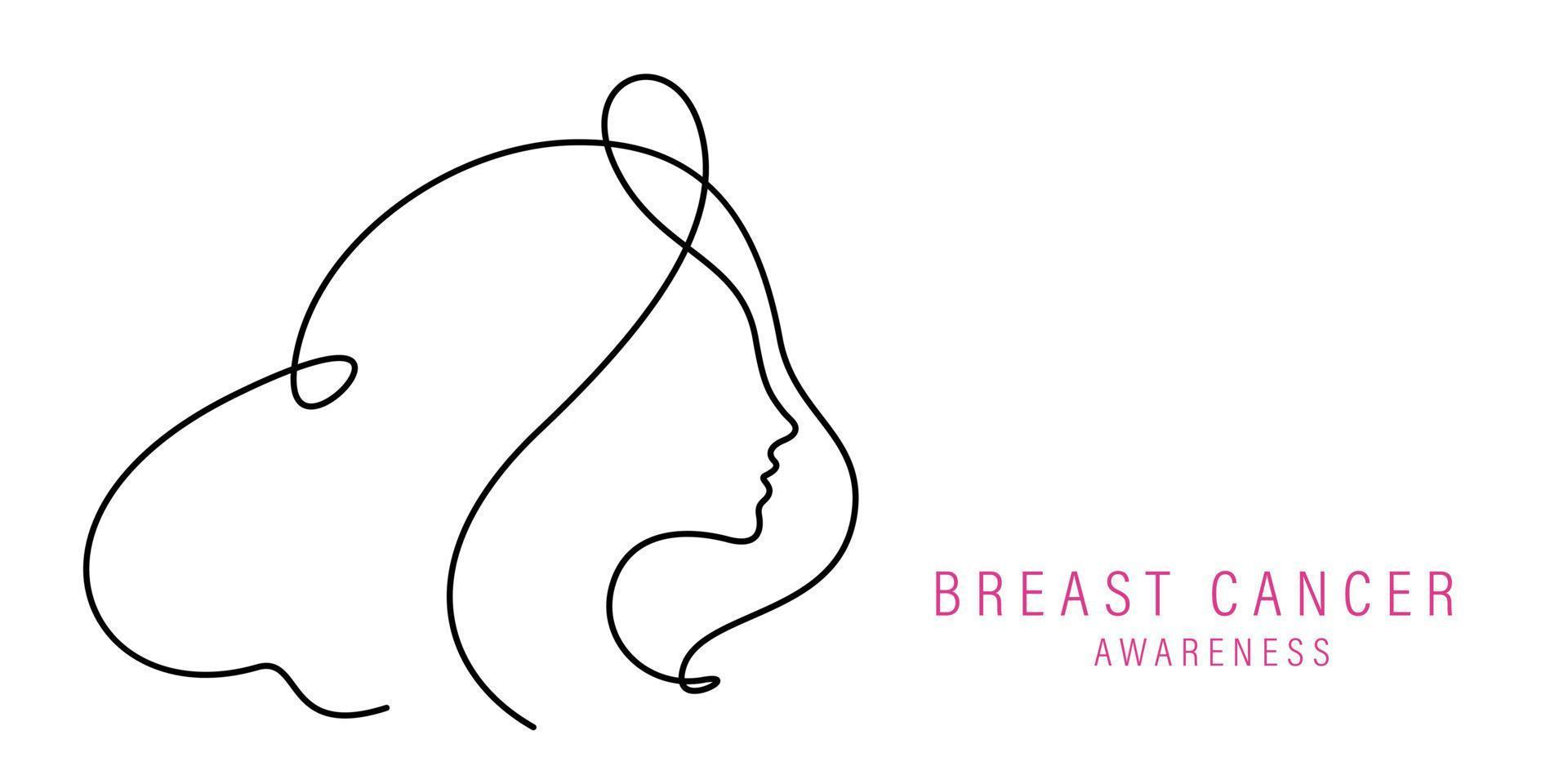 breast cancer awareness banner with woman face ribbon continuous line vector