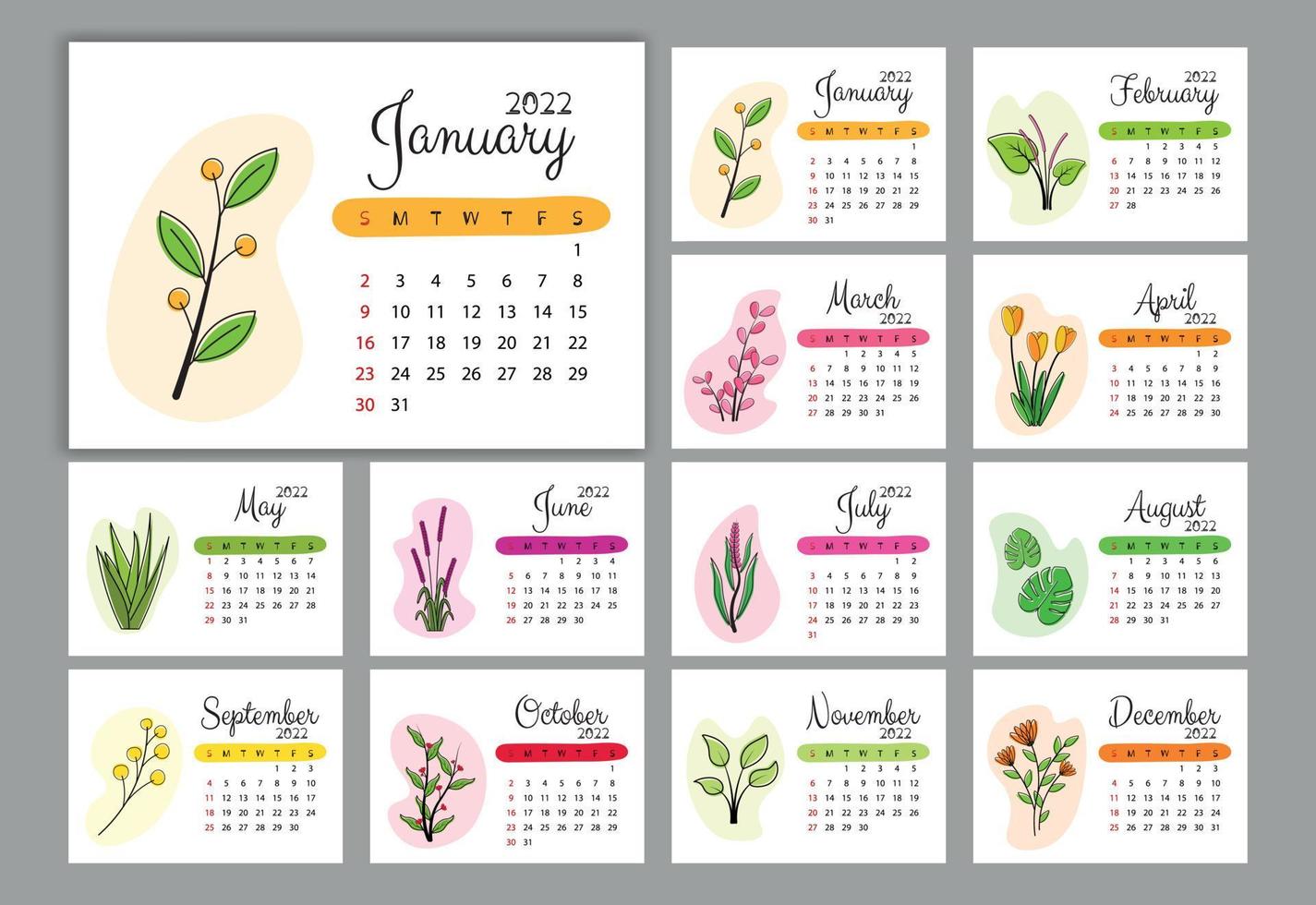 plantilla de calendario de año nuevo 2022 con vector de flor linda