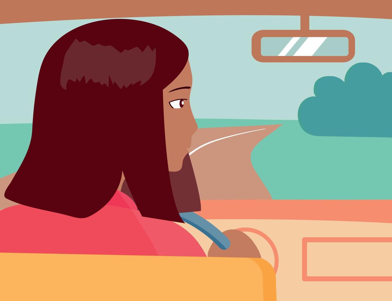 The girl in the car is driving along the road in the field. She looks in the rearview mirror. Traveler on a trip. vector