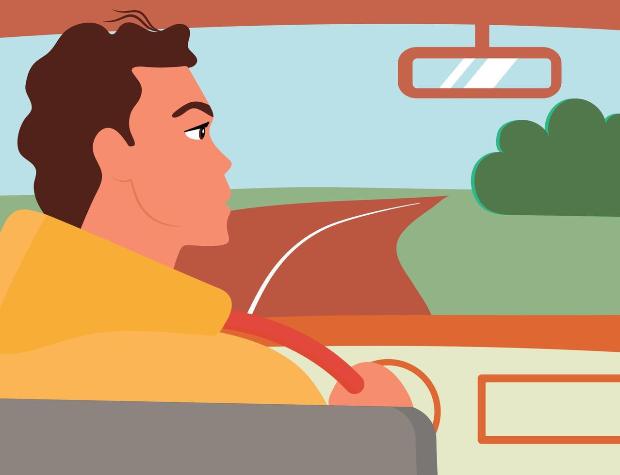 The guy in the car is driving along the road in the field. He looks in the rearview mirror. vector