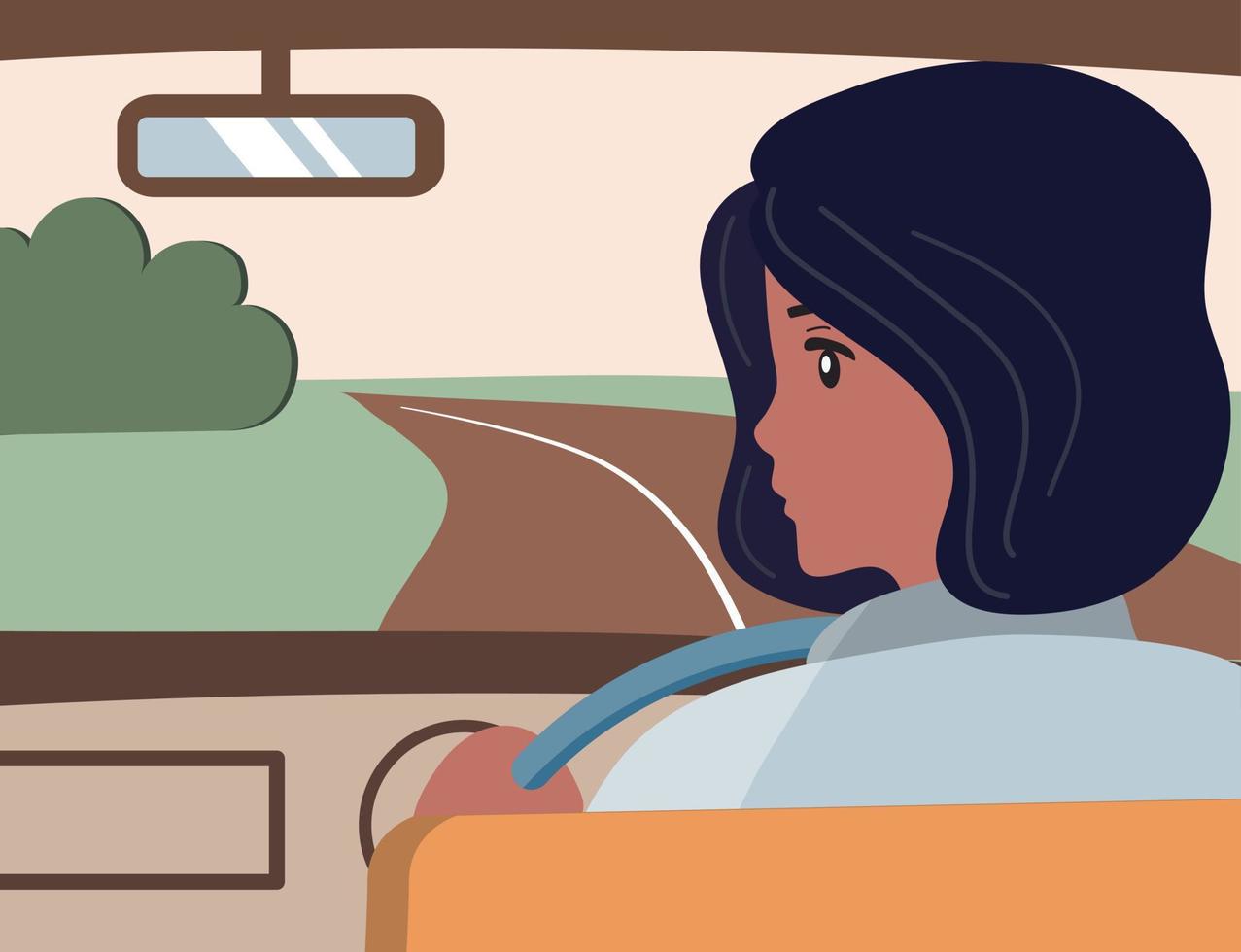 The girl in the car is driving along the road in the field. She looks in the rearview mirror. Traveler on a trip. vector