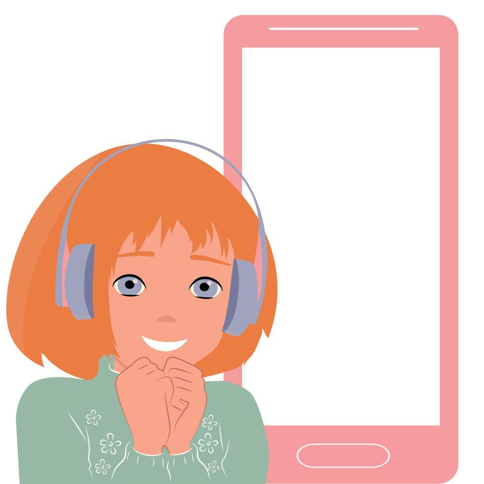 The little girl expresses joy by folding her hands together. Feelings and emotions of a child listening to music in headphones, using a smartphone. vector