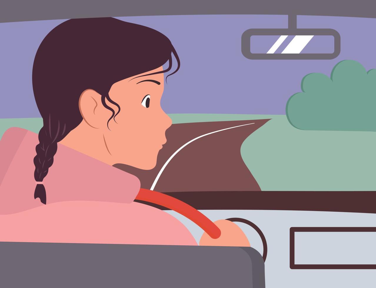 The girl in the car is driving along the road in the field. She looks in the rearview mirror. Traveler on a trip. vector