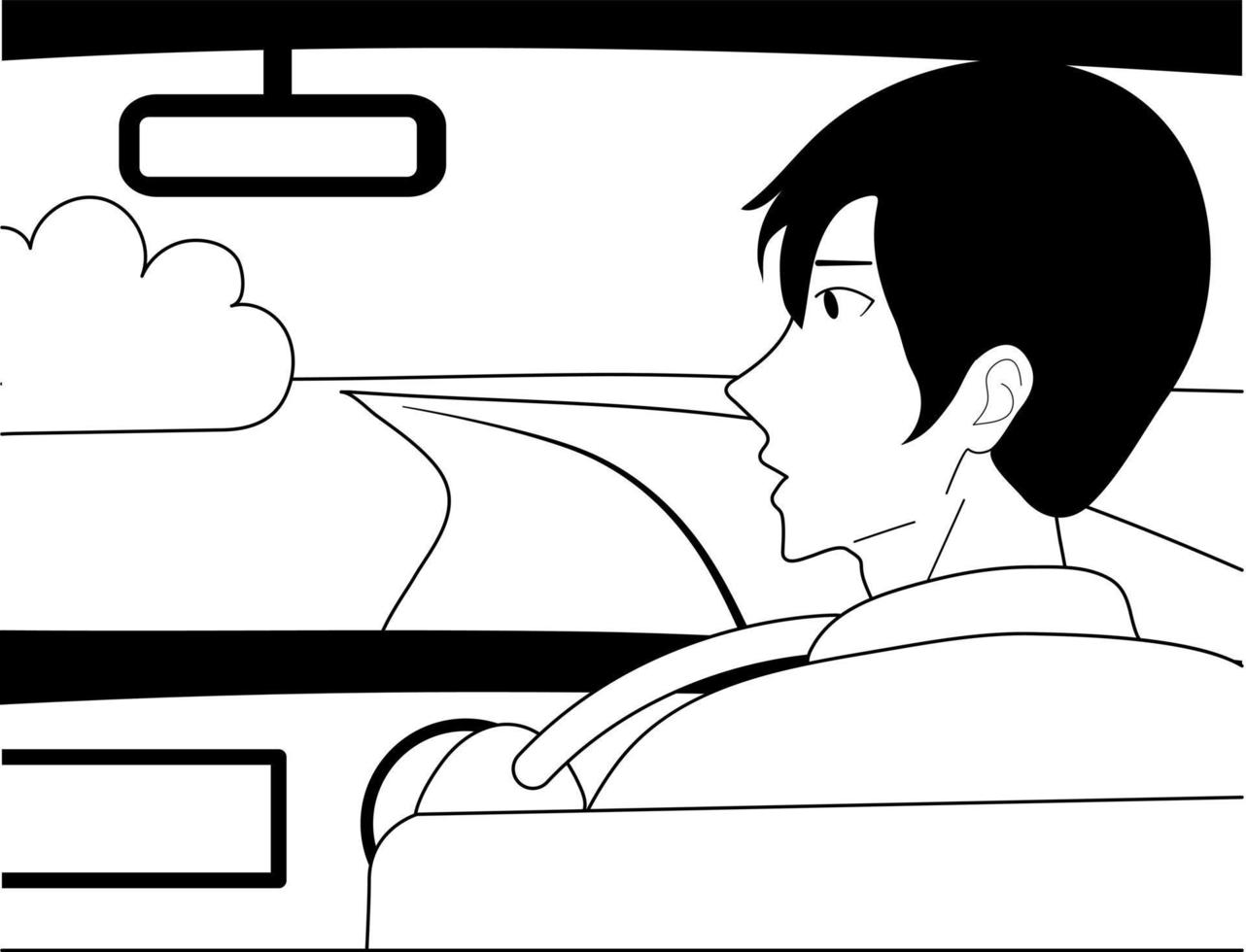 Black and white lines are drawn, a man in a car is driving along a road in a field. She looks in the rearview mirror. Traveler on a trip. vector