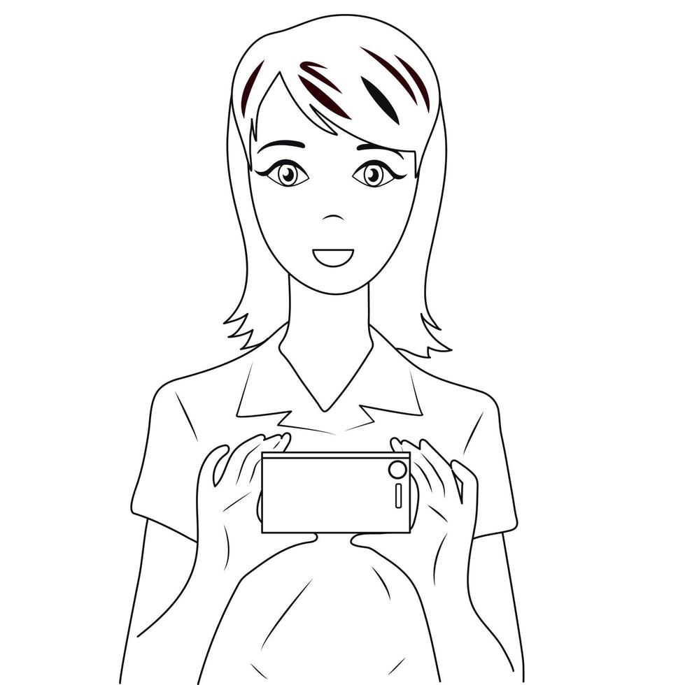 Black and white lines are drawing, a woman holds a phone in her hands and takes a photo or shoots a video. vector