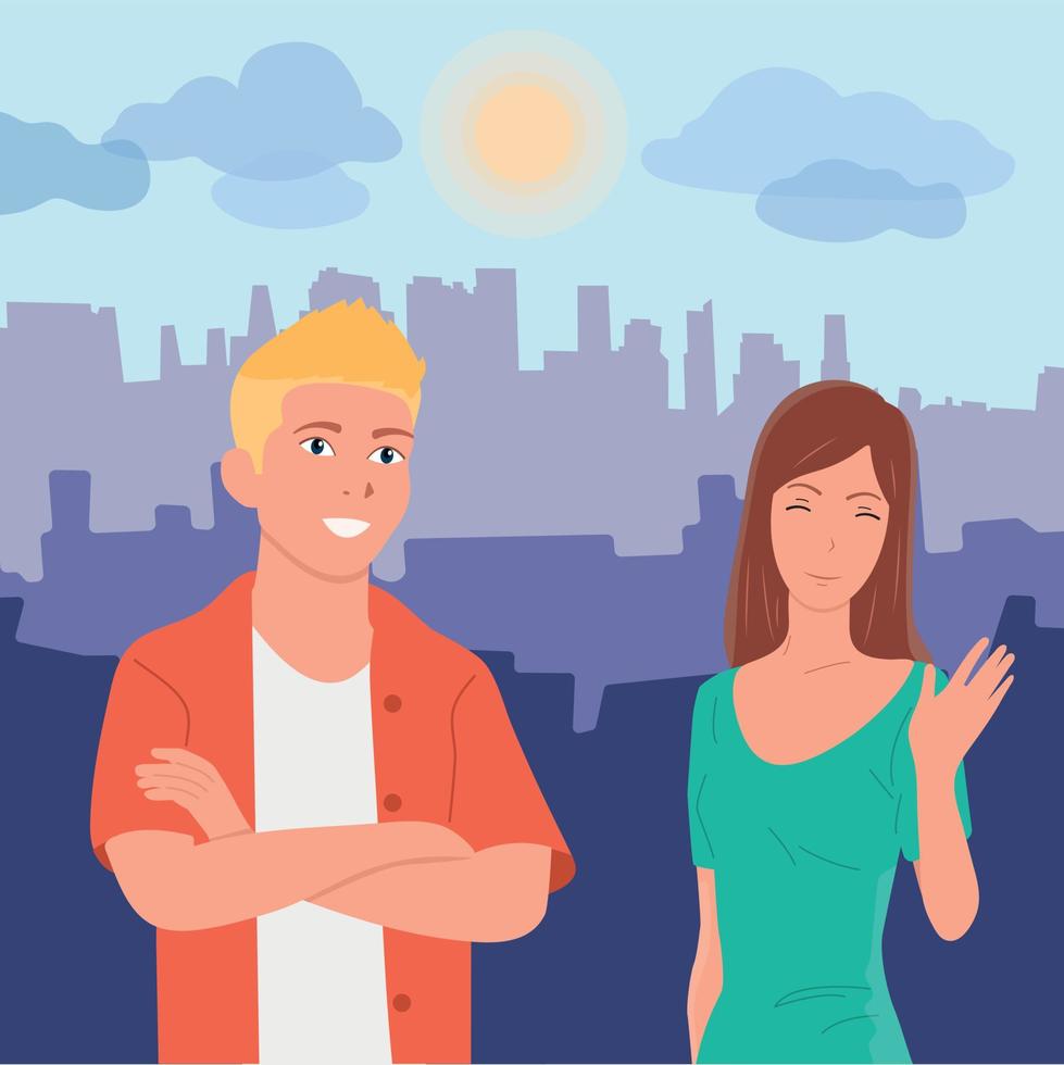 el chico y la chica en el fondo de una gran ciudad moderna. vector