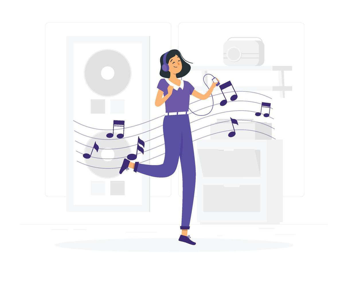 mujer escuchando música y usando auriculares de estilo plano vector