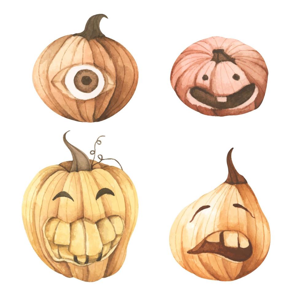 Set of Pumpkins for Halloween. Watercolor illustration. vector