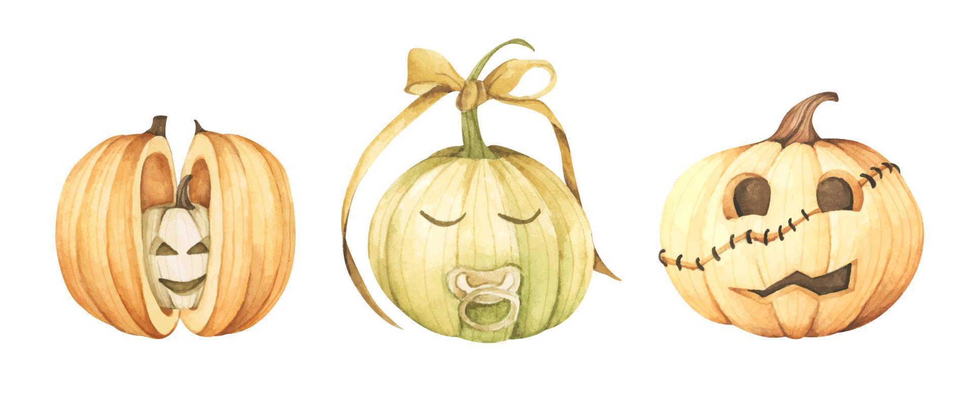 Set of Pumpkins for Halloween. Watercolor illustration. vector