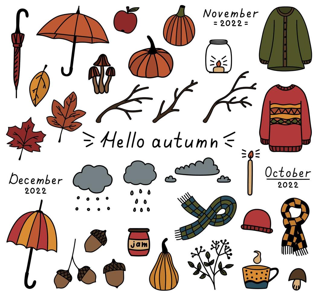 Autumn cozy set of doodle elements. Hand drawn isolated stickers sweaters, cup of tea, umbrellas, leaves, pumpkins, clouds. Cute autumn vector illustration.