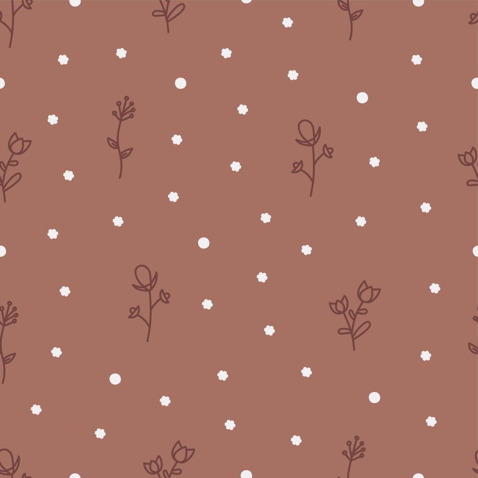 Seamless elegant pink pattern with flowers. Vector hand drawn botanical feminine textile print. Background with pink cute flowers and dots. Decorative minimalistic trendy pattern