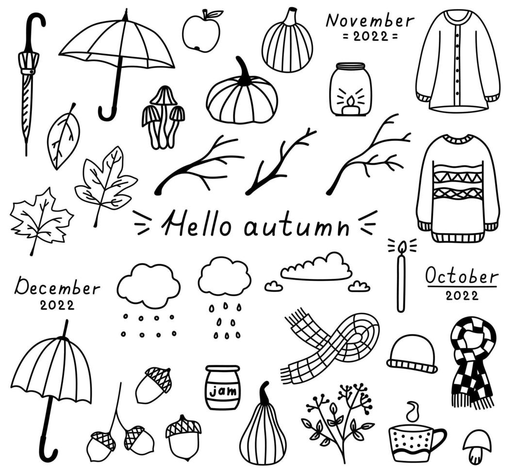 Autumn cozy set of doodle elements. Hand drawn isolated sweaters, cup of tea, umbrellas, leaves, pumpkins, clouds. Cute autumn vector illustration.