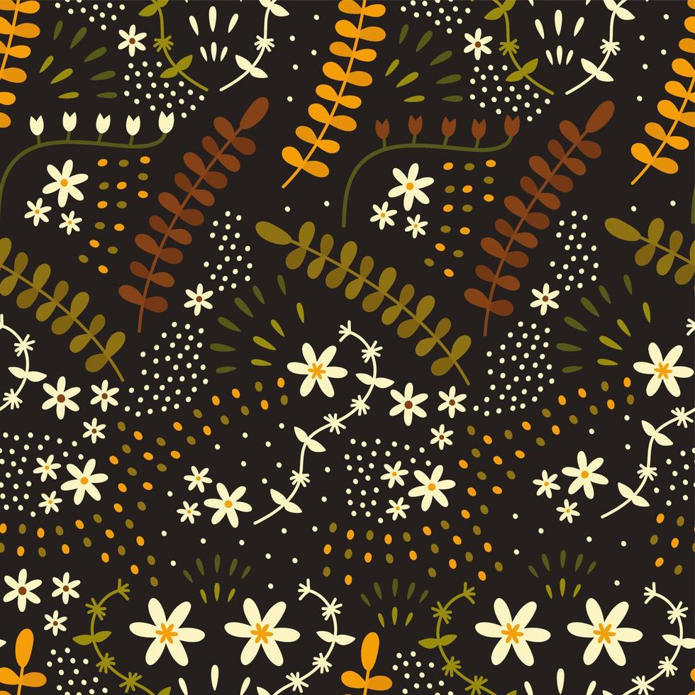 Hand drawn cozy botanical seamless pattern. Vector background with flowers, leaves with branches. Floral print for textiles. Autumn illustration.