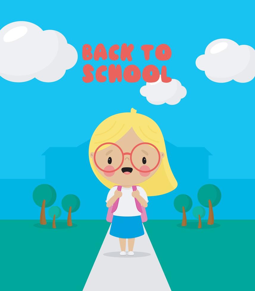 banner de regreso a la escuela con una linda chica. ilustración vectorial en estilo de dibujos animados. vector