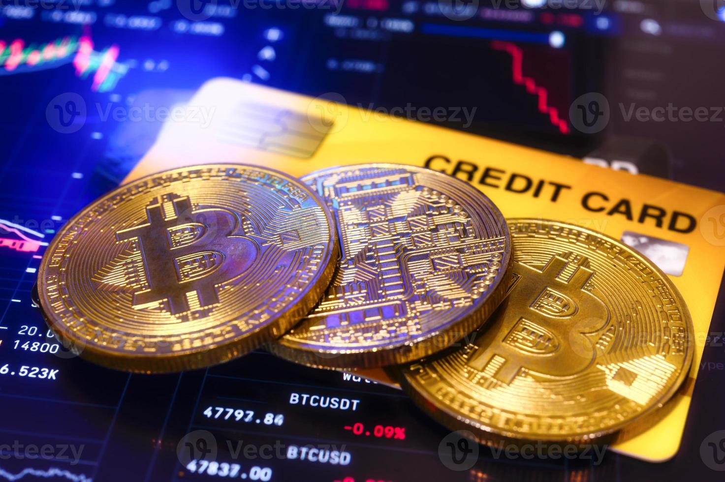 Golden coin bitcoin cryptocurrency with a credit card, payment operations photo