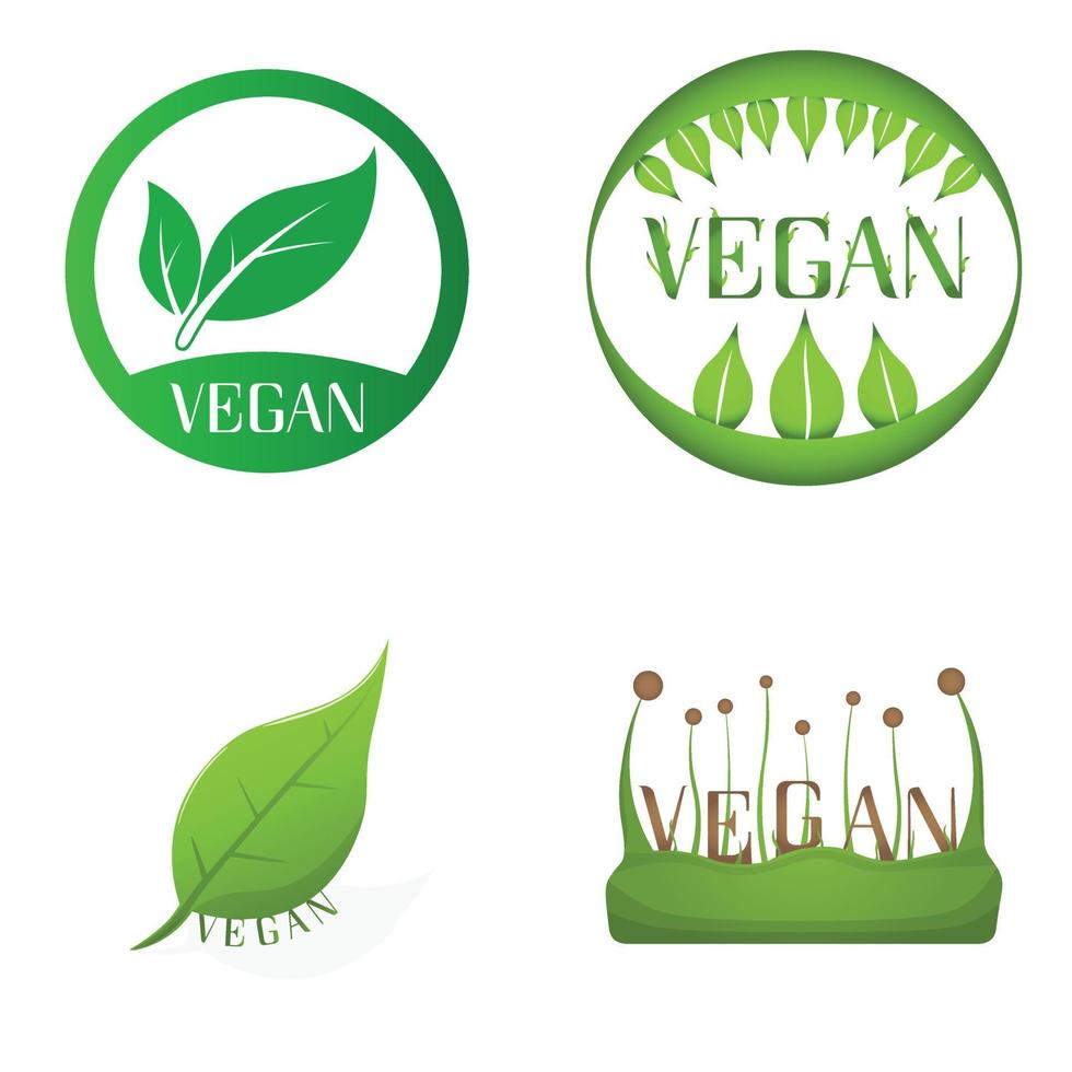 conjunto de icono de vector vegano. orgánico, bio, símbolo ecológico. comida vegana, sin carne, sin lactosa, sana, fresca y no violenta. ilustración de vector verde con hojas para pegatinas, etiquetas y logotipos