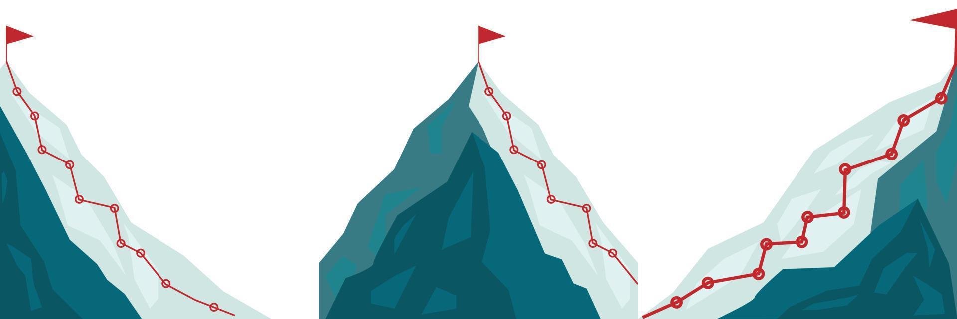 conjunto de ruta de escalada de montaña al pico en estilo plano. ruta de viaje de negocios en progreso hacia la ilustración de vector de éxito. pico de la montaña, ruta de escalada a la cima de la roca