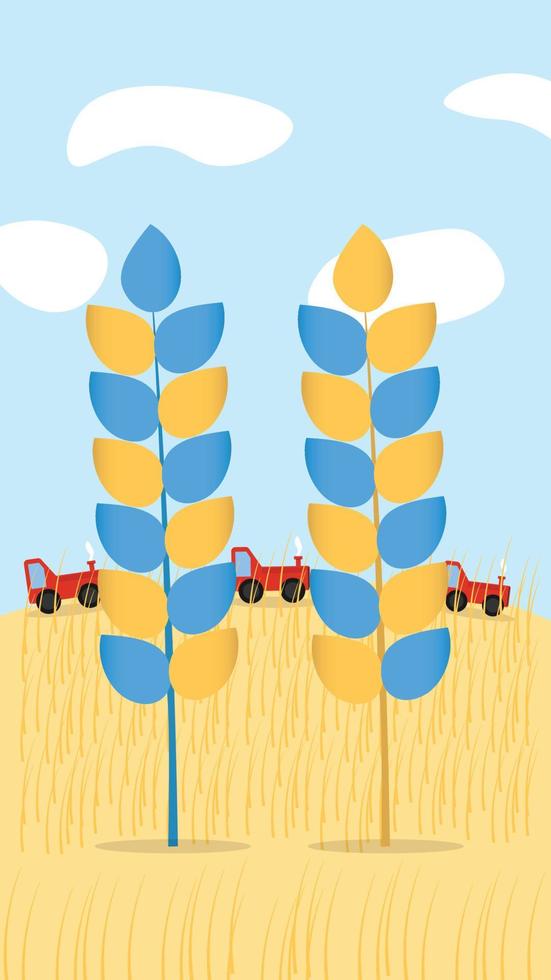 Blue and yellow Ukaine Ears of Wheat plant spikelets icon set on nature background with tractors. vector illustration.