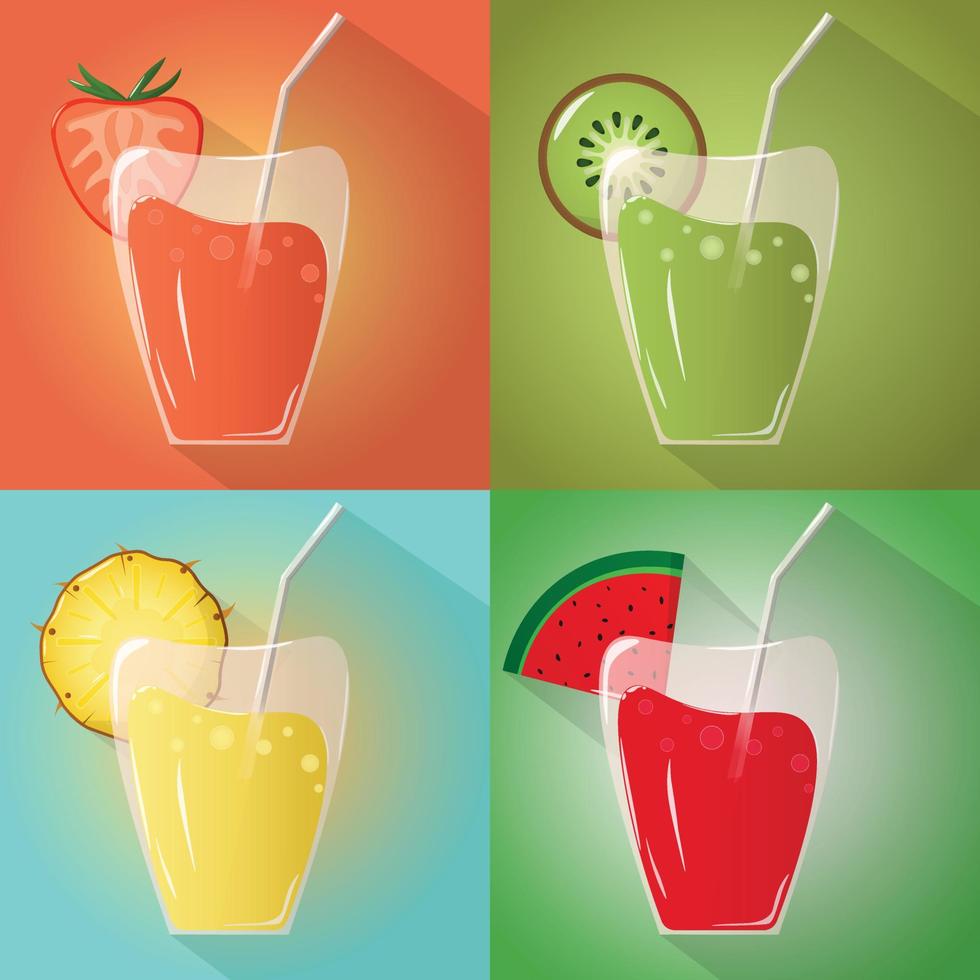 conjunto de vasos de jugo kiwi, fresa, piña, icono de cócteles de sandía con rodajas. diseño realista. larga sombra ilustración vectorial, dibujado a mano vector