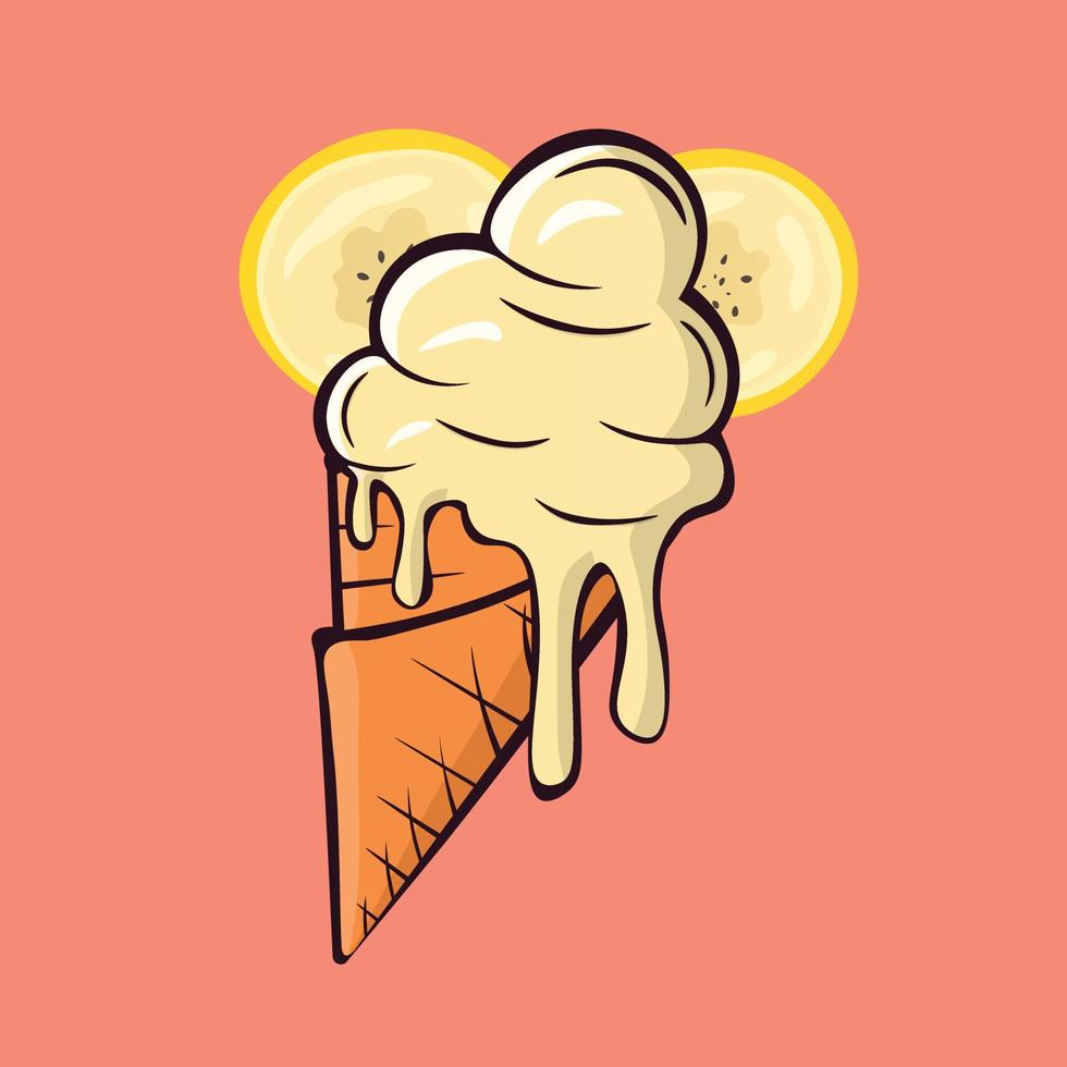 Melting banana ice cream balls in the waffle cone isolated on pink background. Vector flat outline icon. Comic character in cartoon style illustration for t shirt design