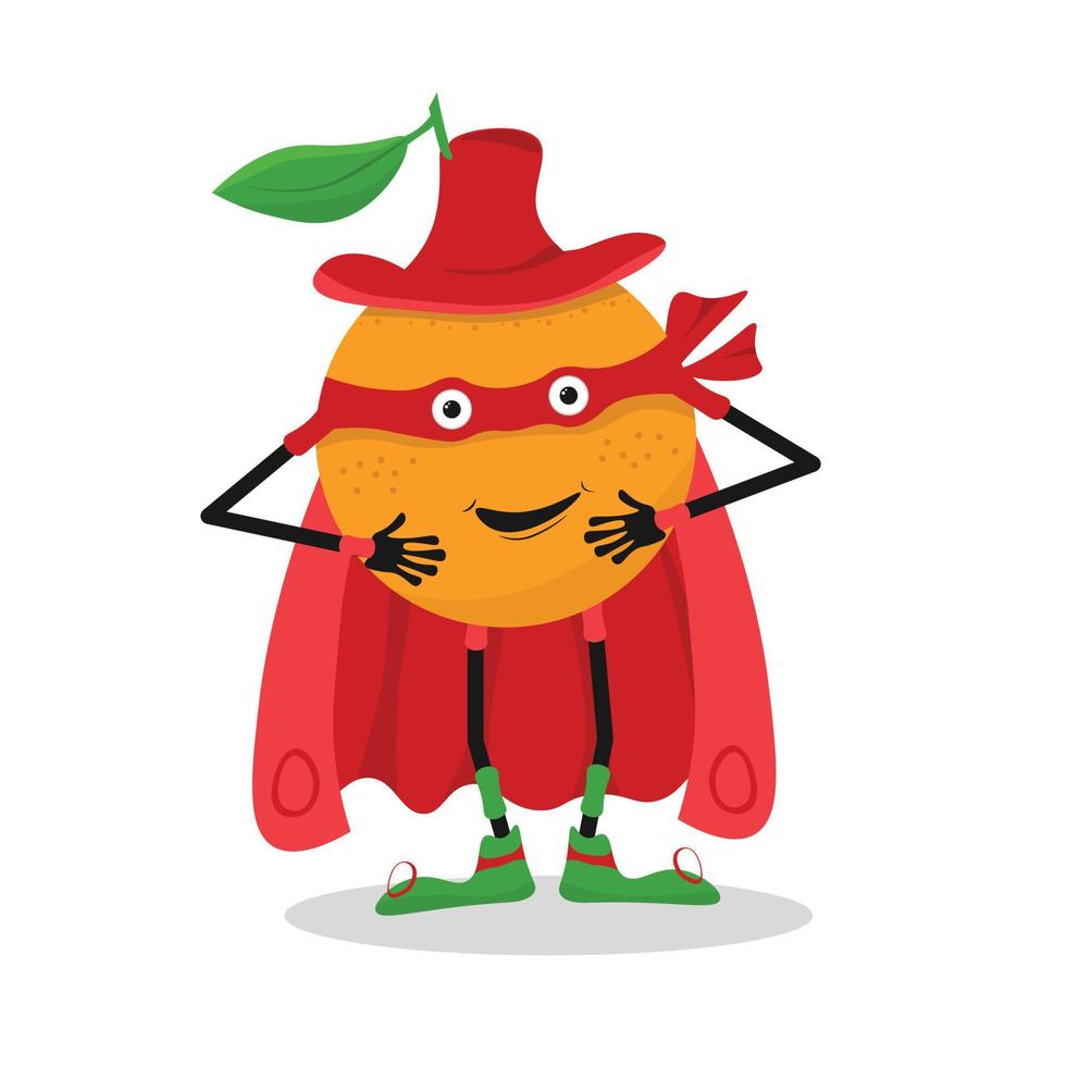 fruta naranja de dibujos animados, personaje de superhéroe, comida vectorial. fruta naranja con traje rojo de superhéroe y máscara, comida natural orgánica y superpotencia de vitaminas vector